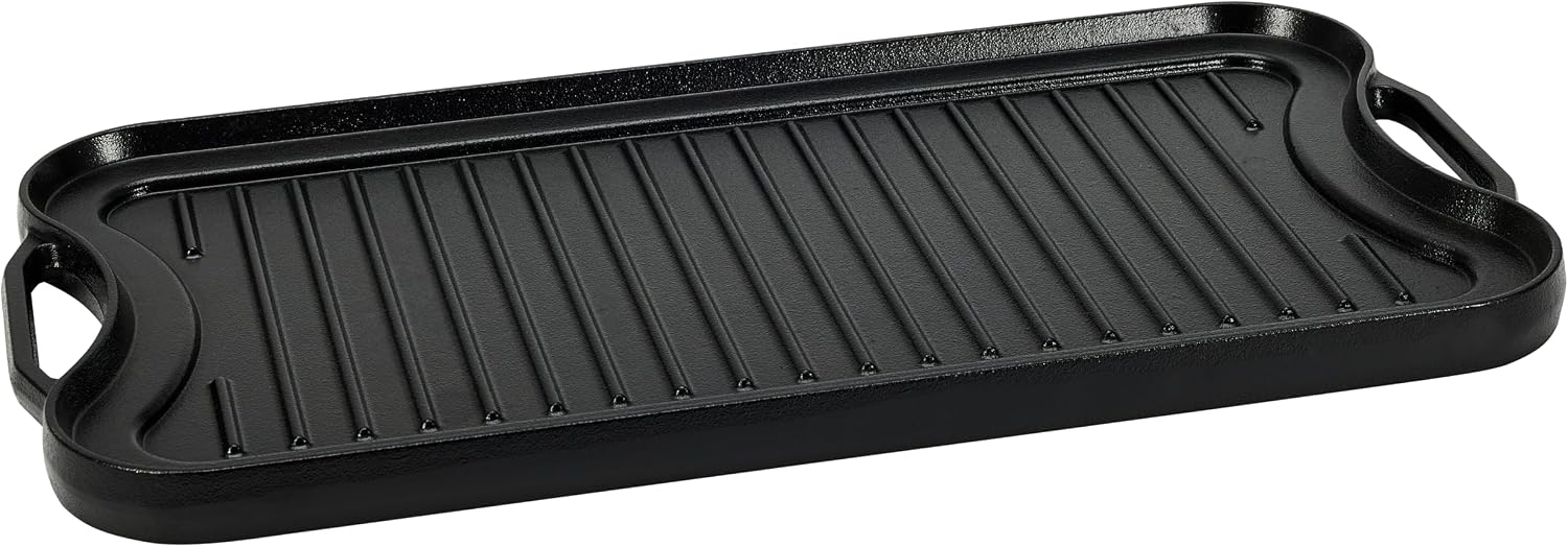 Amazon Basics Pre-Seasoned Cast Iron Reversible Rectangular Grill/Griddle with Even Heat Distribution, Black, 20 x 10.63 x 0.98 inch