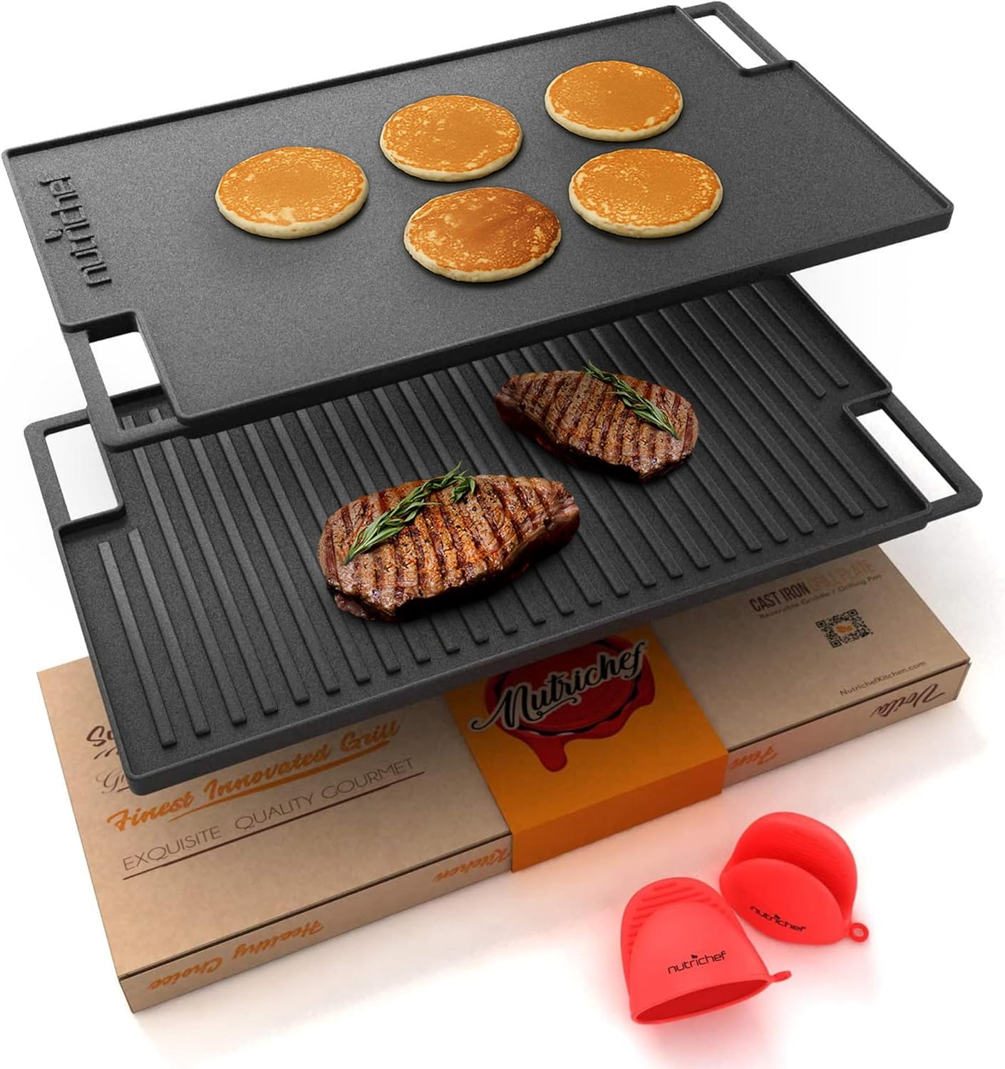 NutriChef Cast Iron Reversible Griddle 18x10 Inch, Pre-Seasoned Flat Top & Ridged Grill Side