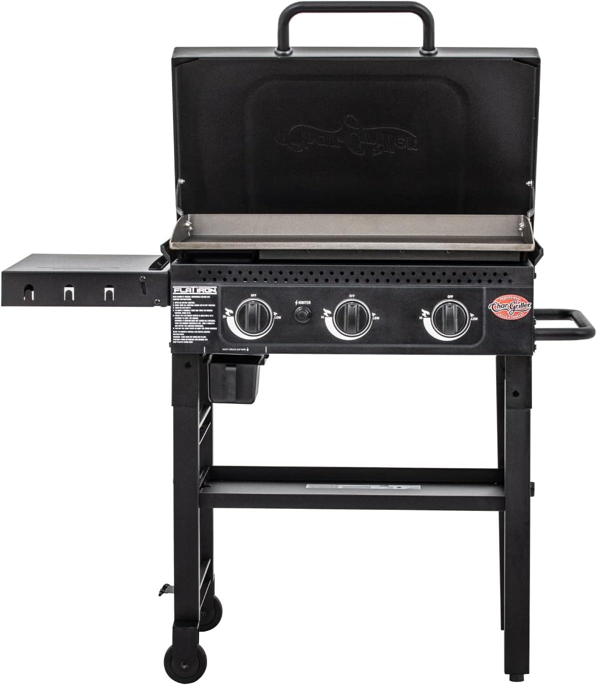 Char-Griller Flat Iron 3-Burner Propane Gas Flat-Top Griddle with steel griddle top, hinged lid and wind guards
