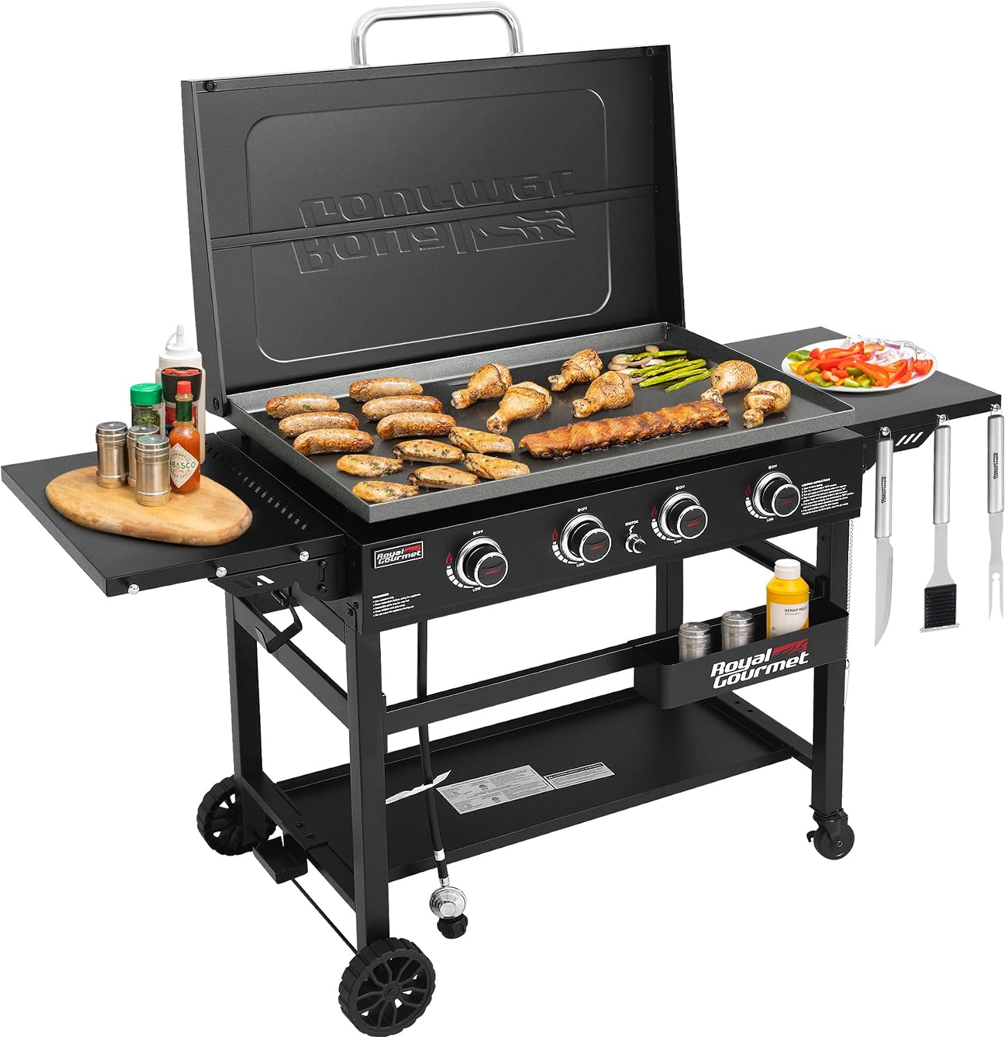 Royal Gourmet GB4000P 4 Burner Propane Gas Griddle, Hard Cover, Side Tables