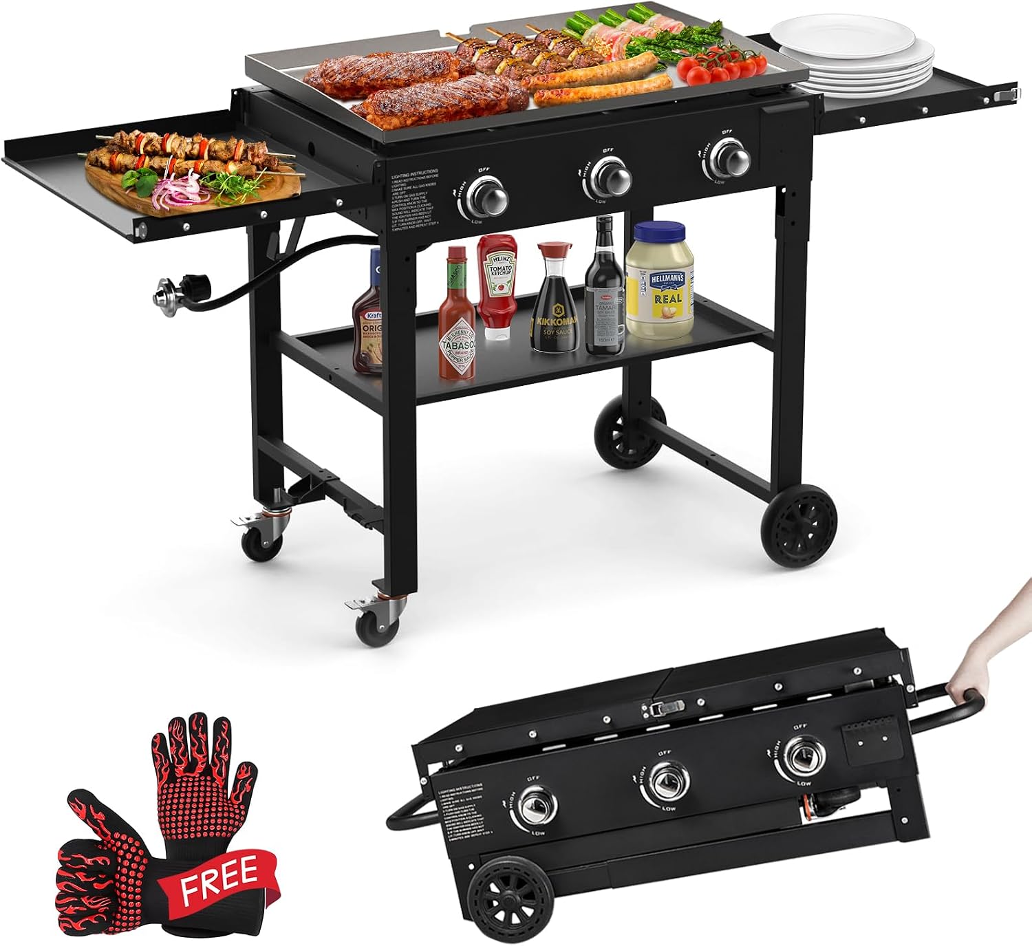 BESTFIRE Foldable Flat Top Grill, Outdoor Griddle-3 Burner Propane Griddle