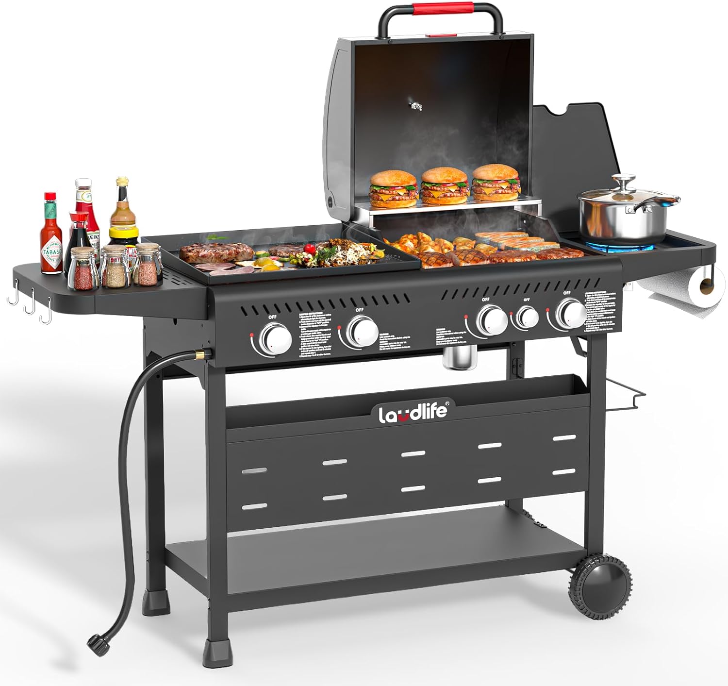 LAUDLIFE 5-Burner Propane Grill Griddle Combo with Side Burner